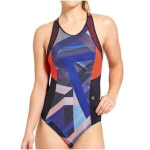 Athleta Womens One-Piece Swimsuit Multicolor Print Navy Blue Orange Geometric